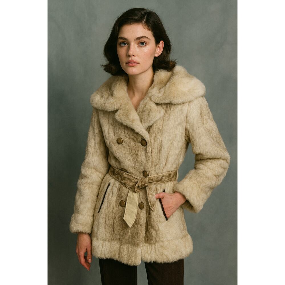 Vintage Edward Glasser Rabbit Fur Coat | Belted Mid-Length | Classic Beige | S - Picture 9 of 16